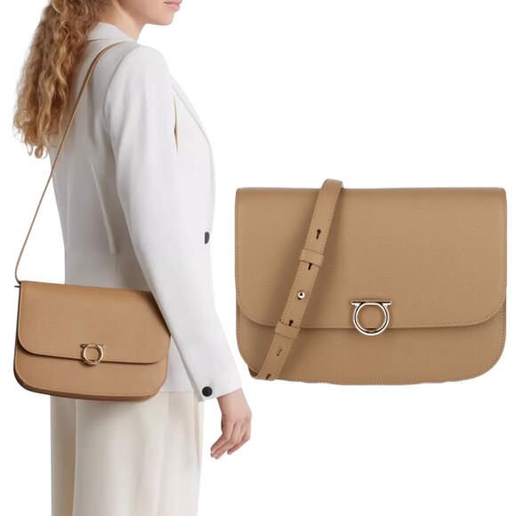 Salvatore Ferragamo Gemini Gancini Leather Shoulder Bag Camel Brown